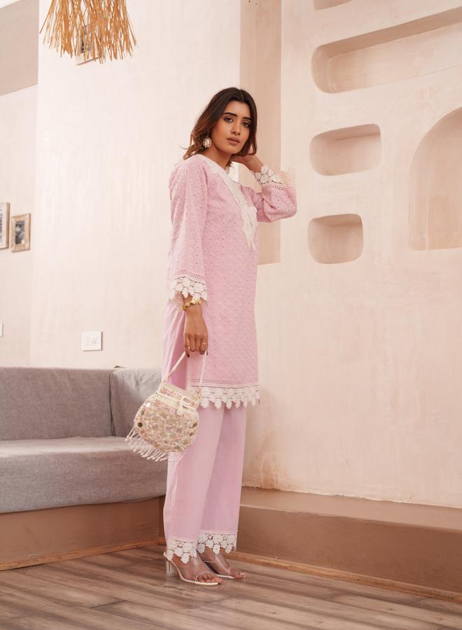 DW Women Embroidered V Neck Cotton Tunic and Trousers Co-Ords - Image 3